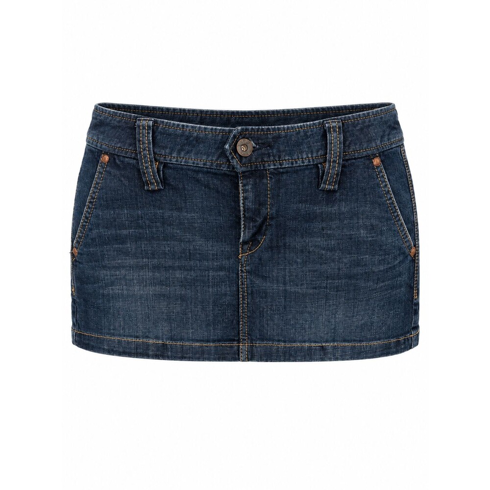 VTG Express X2 Quality Denim LowRise Micro Mini Skirt Back Strap Sz 4 Y2K Grunge